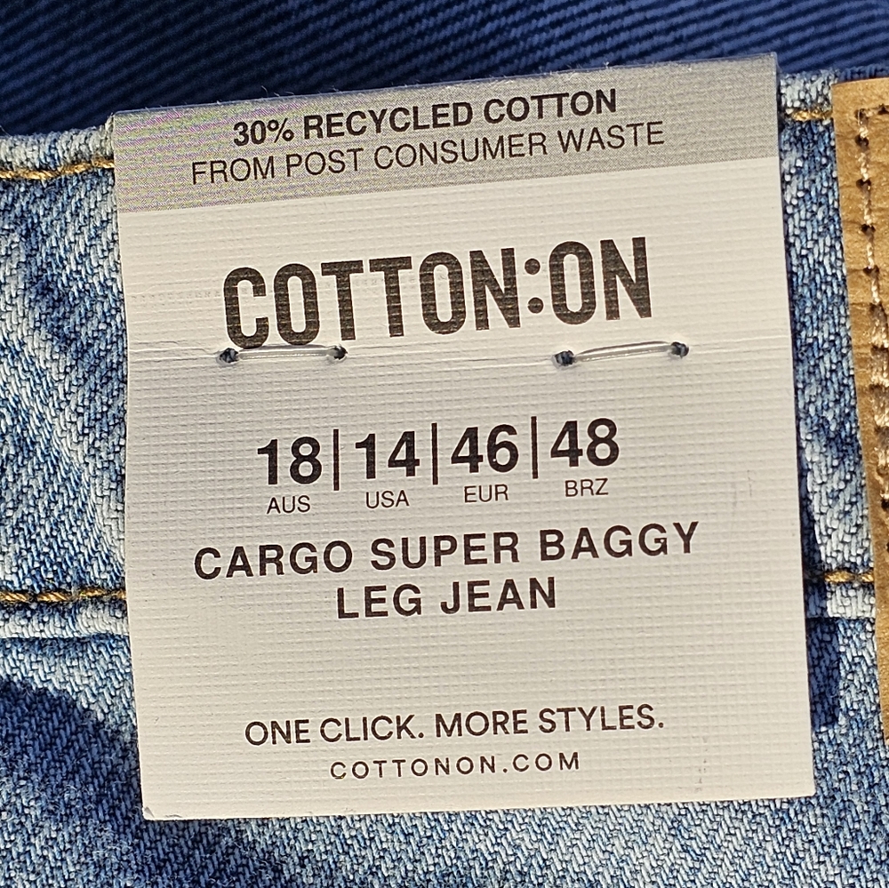 Super Baggy Cargo Denim Jeans By Cotton On Sz 14 - Picture 3 of 16